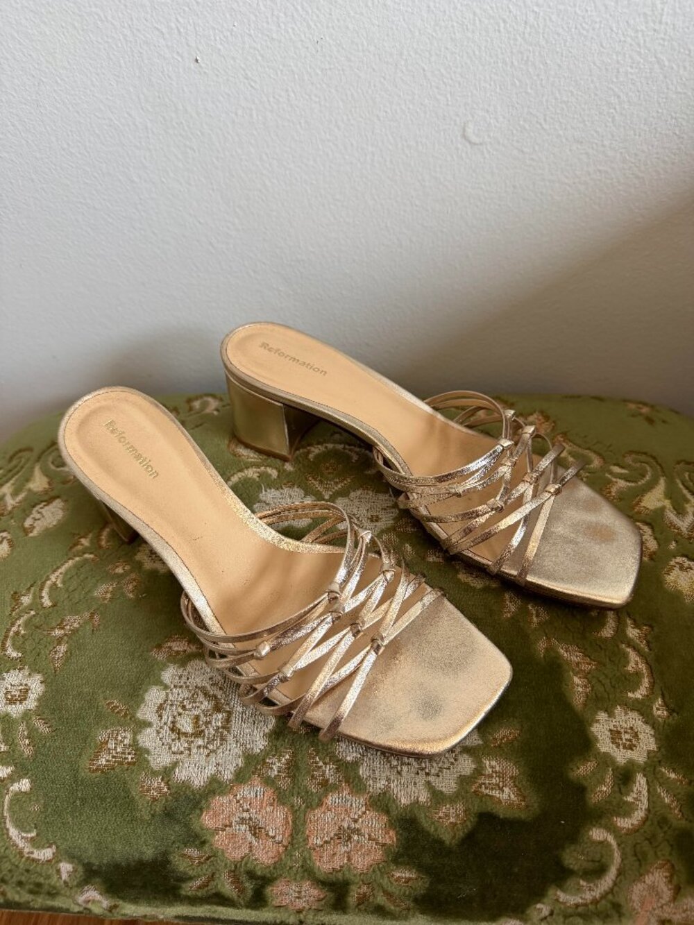 Reformation Eva Golden Knotted Mule Sandals Size 6.5